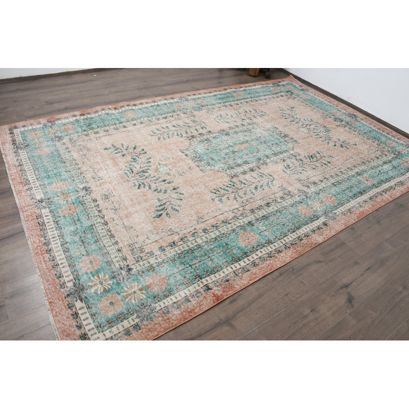 Tapis vintage en laine rétro bleu surdimensionné floral 84,3 x 131,5 pouces