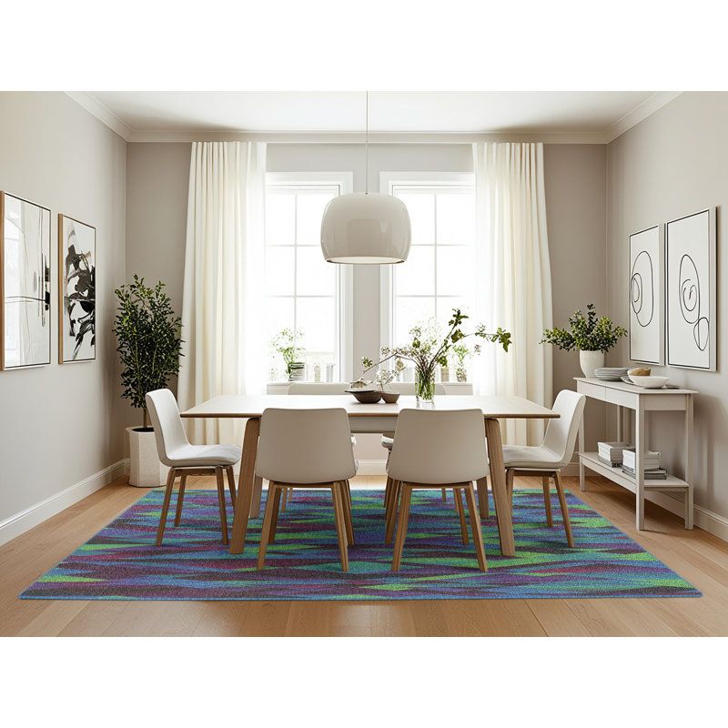Tapis vert/brun/bleu à motif, Rectangle 7 pi x 10 pi