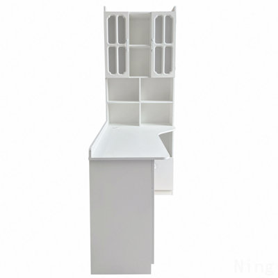 Bureau d'ordinateur d'angle en L pour bureau à domicile ou bureau d'étude, table d'étude de style moderne avec tiroirs, bibliothèque et huche, conception en L 2 en 1, grand espace de travail, blanc