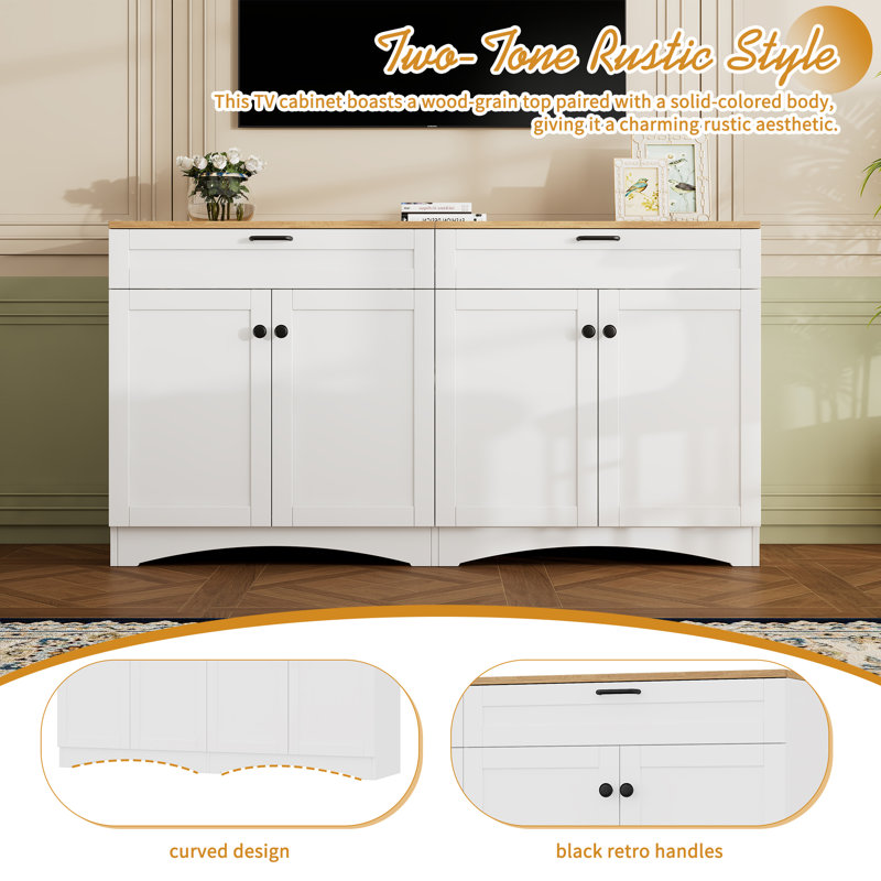 Rustic Two-Tone 63" TV Stand With Adjustable Shelves, Drawers & Multi-Use Storage, White