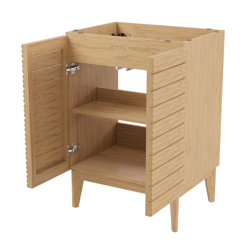 Calandre 24 in. W x 18 in. D x 33 in. H Thin Linear Slat Wood Farmhouse 2-Shelf Bath Vanity Cabinet Only (Sink Basin not Included), Oak