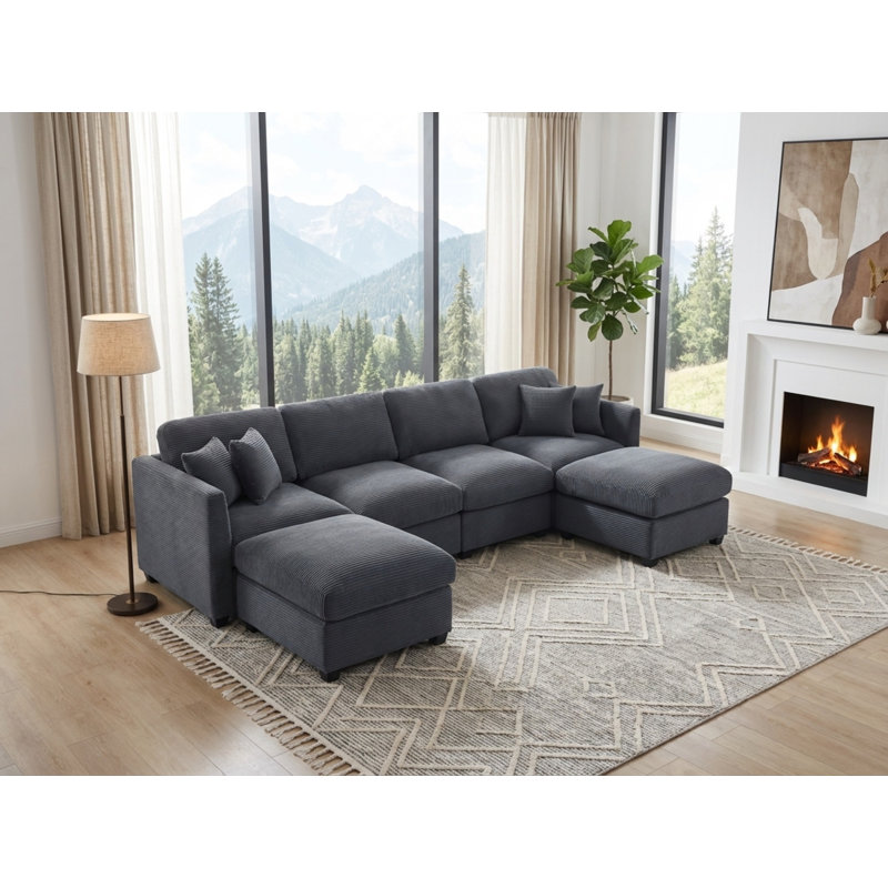 U-Shape Modular Sectional Sofa, 6-Seat Corduroy Convertible Couch with 2 Removable Ottomans & Throw Pillows, Oversized Corner Sofa with Ottoman Modules for Living Room, Apartment, Large Space