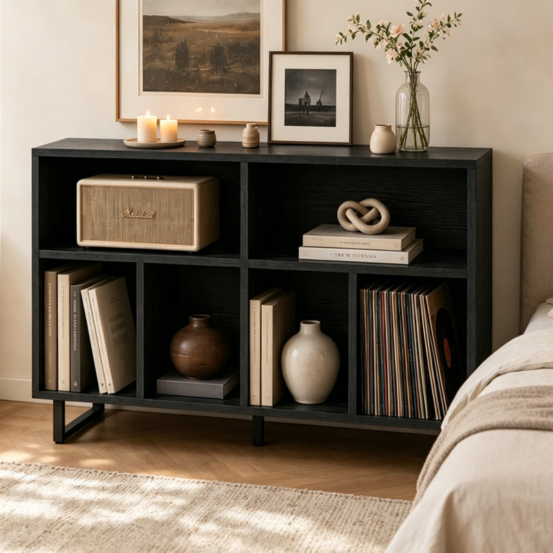 Large Record Player Stand with Vinyl Storage Holds 500 Albums, Mid Century Turntable Console Table with Bookshelf and Media Storage for Living Room Stereo