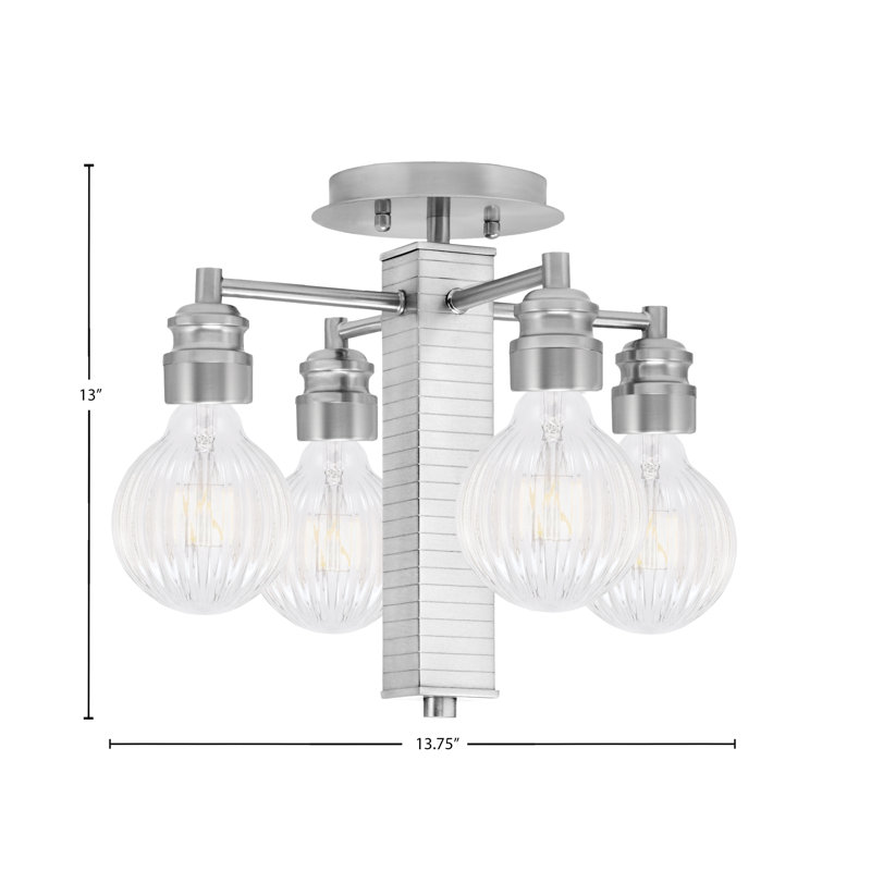 Edge 4 Light Semi-Flush Shown In Brushed Nickel Finish With Ribbed Clear LED Bulbs