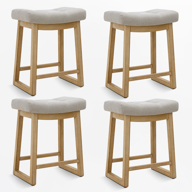Tabouret de bar 24,4 po à hauteur de comptoir avec structure en bois massif, Lin beige / bois