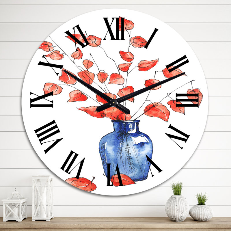 Automne nature morte avec vase bleu, fleurs orange - horloge murale traditionnelle, Grand