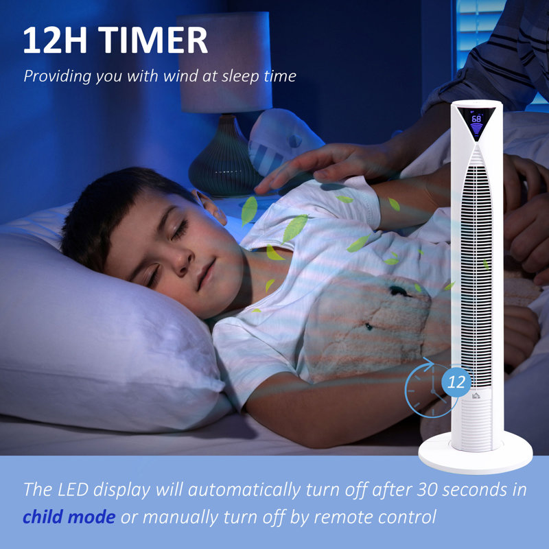 37.75" Tower Fan Cooling For Bedroom With 3 Speed, 12H Timer, Oscillating, LED Sensor Panel, Remote Control, White, White