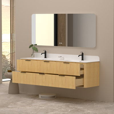 Oakridge 72 Inch Wall Mounted Double Bathroom Vanity With Top With Overflow, Pre-Assembled