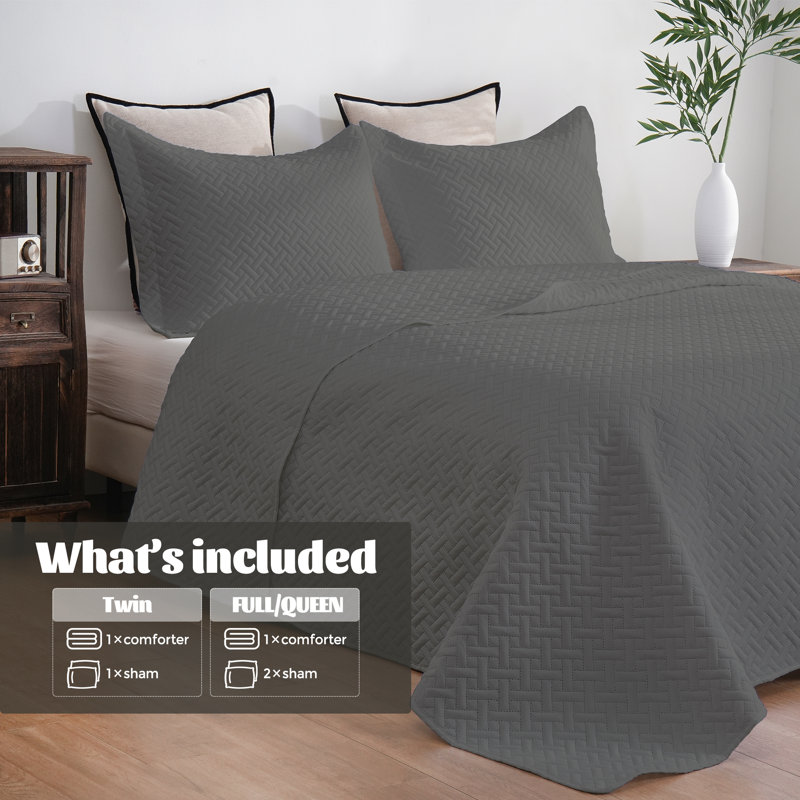 Microfiber Embossed Bedspread Set, Dark Gray, Full Quilt + 1 Standard Sham + 1 Standard Pillowca