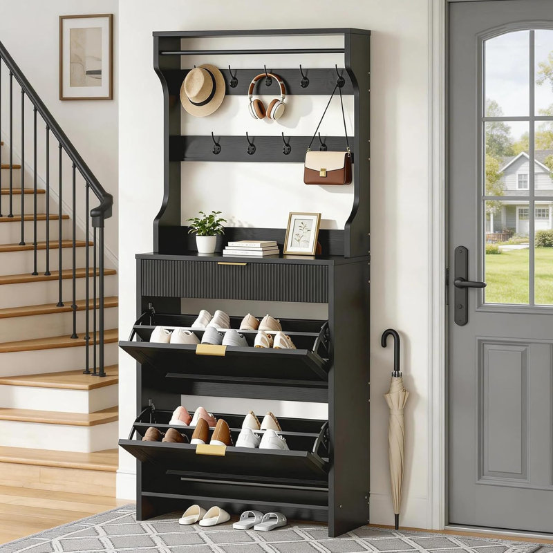 Armoire à chaussures Tiniya de 70,9 po de hauteur avec portemanteau, armoire de rangement pour chaussures étroite avec 2 tiroirs rabattables, étagère à chaussures 3-en-1 mince et autoportante avec crochets, rangement pour chaussures étroit pour vestibule, noir