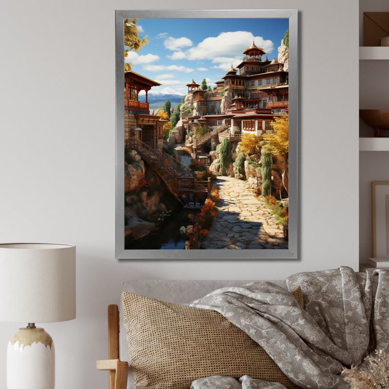Art asiatique, monastère tibétain IV sur toile, Cadre photo argenté, H 44 po x l 34 po x P 1,5 po