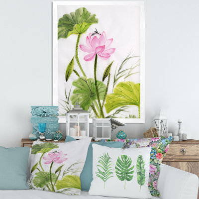 Simple fleur de lotus rétro avec feuilles vertes - reproduction sur toile