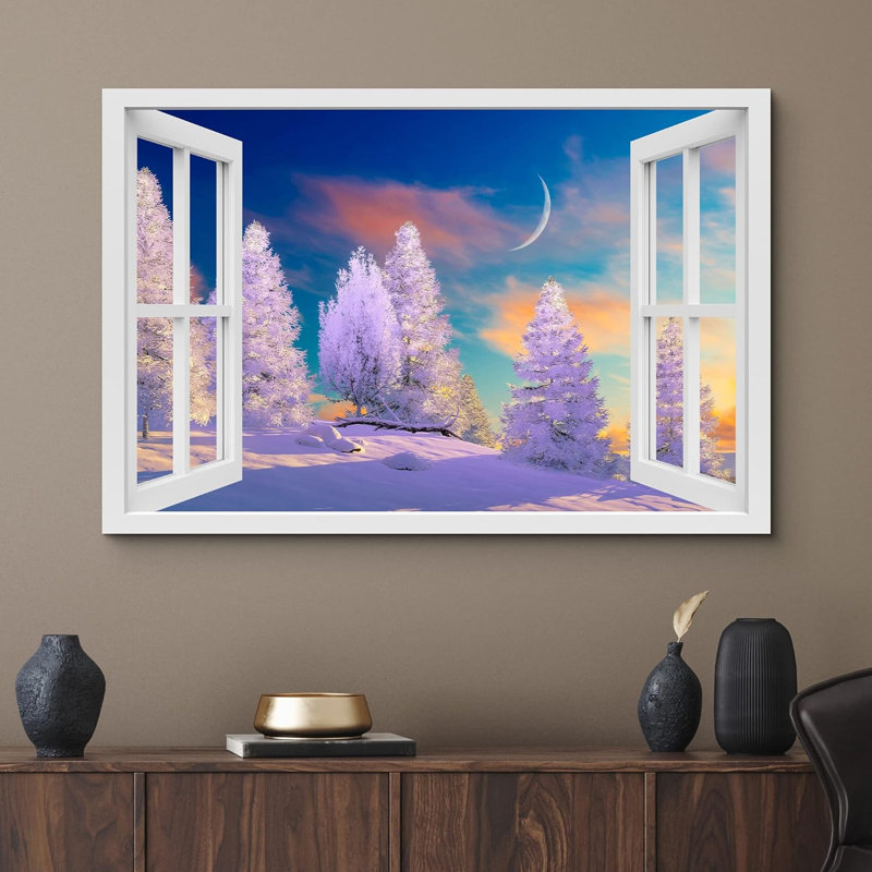 Fenêtre de paysage «Window View Vibrant Snowy Pine Tree Moon Forest Nature Scenic Landscape» sur toile, H 24 po x l 36 po