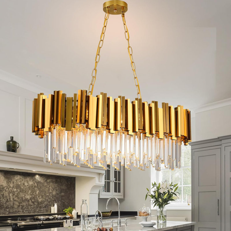 Lustre 32 po pour îlot de cuisine en cristal doré moderne, base E12, sans ampoule, pour îlot de cuisine