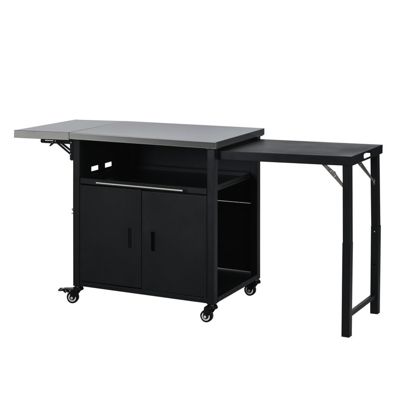 Chariot de barbecue pliable avec station de préparation pour l'extérieur avec deux plateaux de table pliables, un support à ordures et un espace de rangement - Îlot de cuisine de patio noir pour les grillades dans la cour arrière