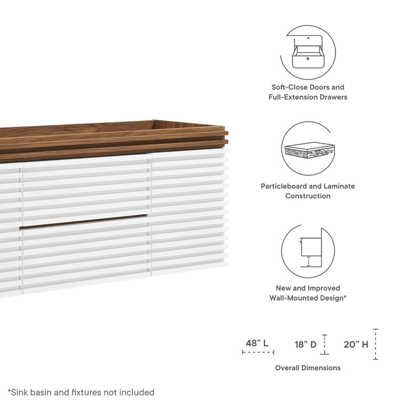 Render 48" White and Walnut Wall-Mount Bathroom Vanity Cabinet