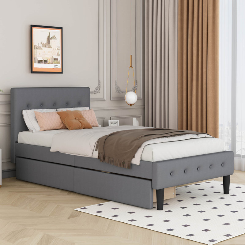 Lit plateforme tapissier simple capitonné Buchman, Gris
