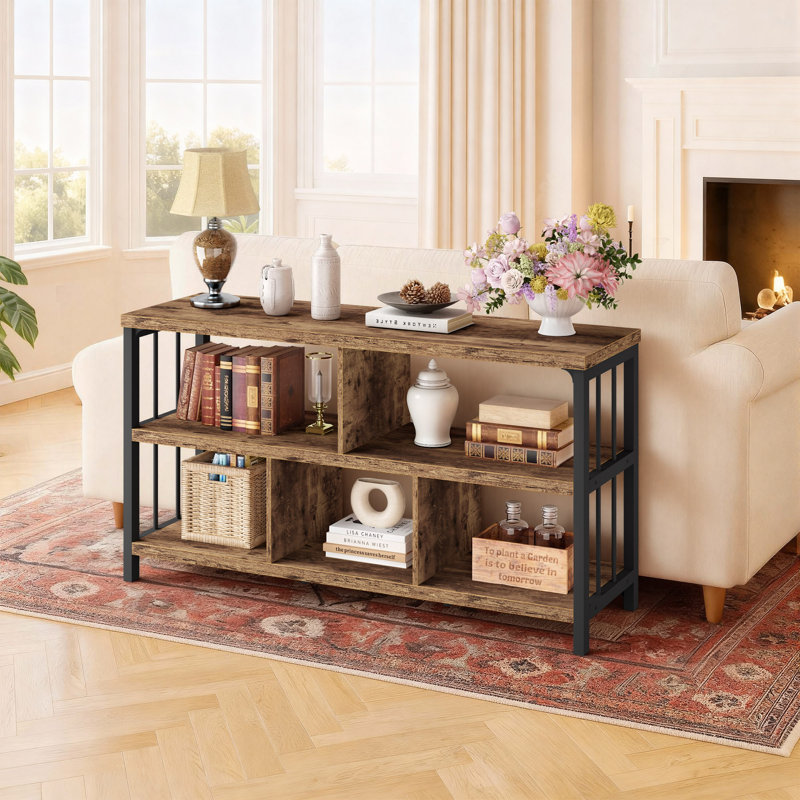 Horizontal Bookshelf, Modern Cube Storage Organizer Bookcase Wide Bookshelves, Industrial Wood Metal Book Shelf, Cube Shelf for Office Home Living Room