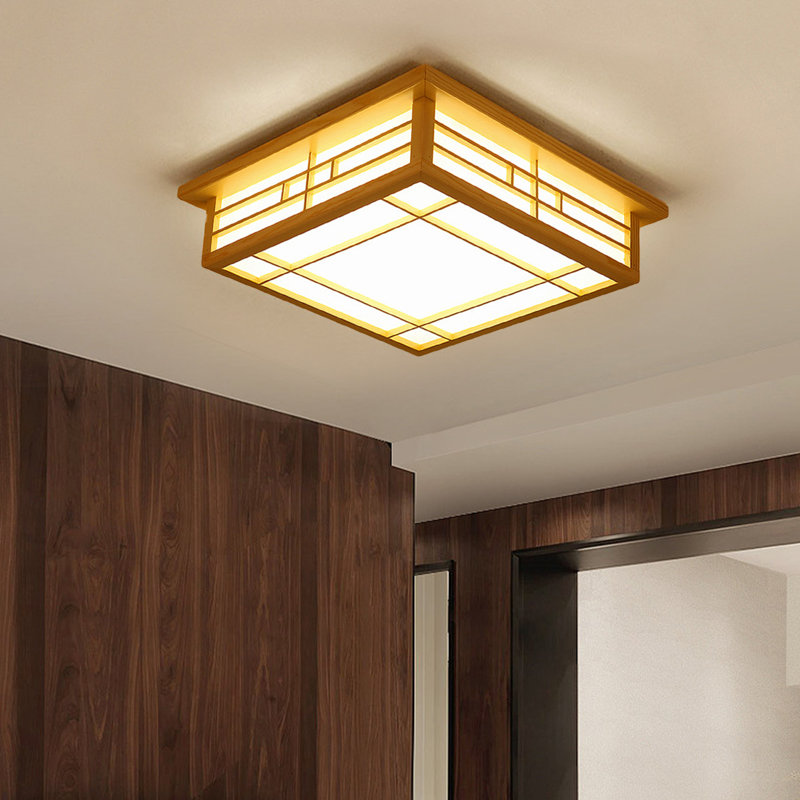 14" Japanese Style Wooden LED Ceiling Light, Dimmable Tatami Lamp with Remote