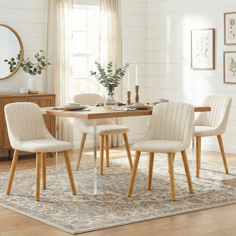 48.5cm H Upholstered Dining Chairs With Wooden Legs, 4, Cream Chenille/Natural