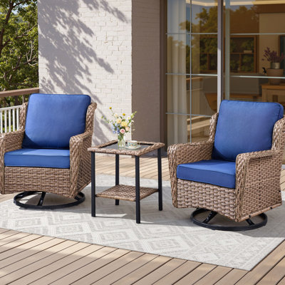 2 - Person Swivel Rocker Seating With Side Table And Blue Cushions, High Density Foam Filler, Hand Woven , Smooth Gliding Swiveling Chairs, Dual Button Pull Accented Back Strong Seat Board Elastic