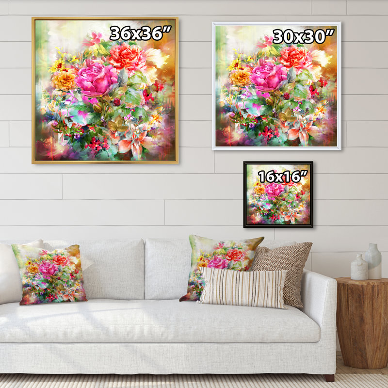 «Modern Pink and Green Summer Garden II», reproduction d'art sur toile, H 16 po x l 16 po x P 1 po, Cadre flottant brun