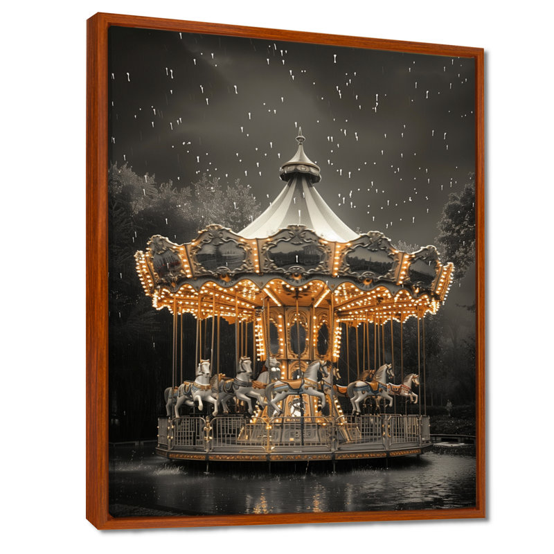 Carrousel monochrome jaune et gris d'été - Carrousel, impression d'art mural, Toile avec cadre flottant noir