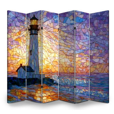 6 Panels Folding Screen Room Divider Royal Nostalgic Lighthouse Mosaic Art Purple Sky Ocean Canvas Screen Room Separator Freestanding Protective Wall Divider Privacy Partition