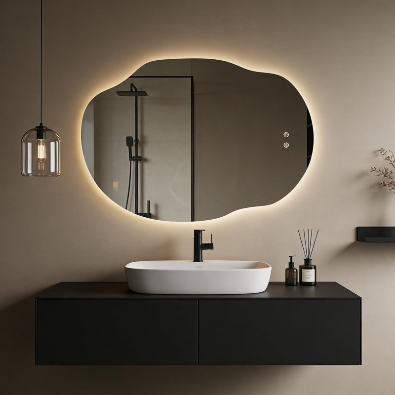 Miroir de salle de bain asymétrique DEL 45 po x 32 po - Miroir de courtoisie rétroéclairé avec antibuée, éclairage à intensité variable en 3 couleurs et fonction mémoire