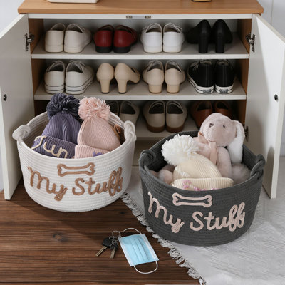 Cotton Rope Pet Storage Basket With Handles, Decorative Dog Toy Organizer Bin With Bone Design And My Stuff Text For Home Organization