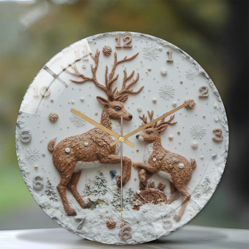 Clock-Face-With-Deer-In-Snow Art - 12'' Modern Glass Wall Clock