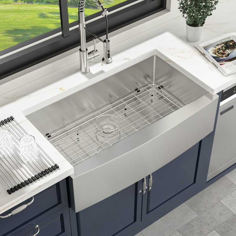 33" L x 21" W Single Bowl Stainless Steel Farmhouse/Apron Front Kitchen Sink, Brushed Nickel