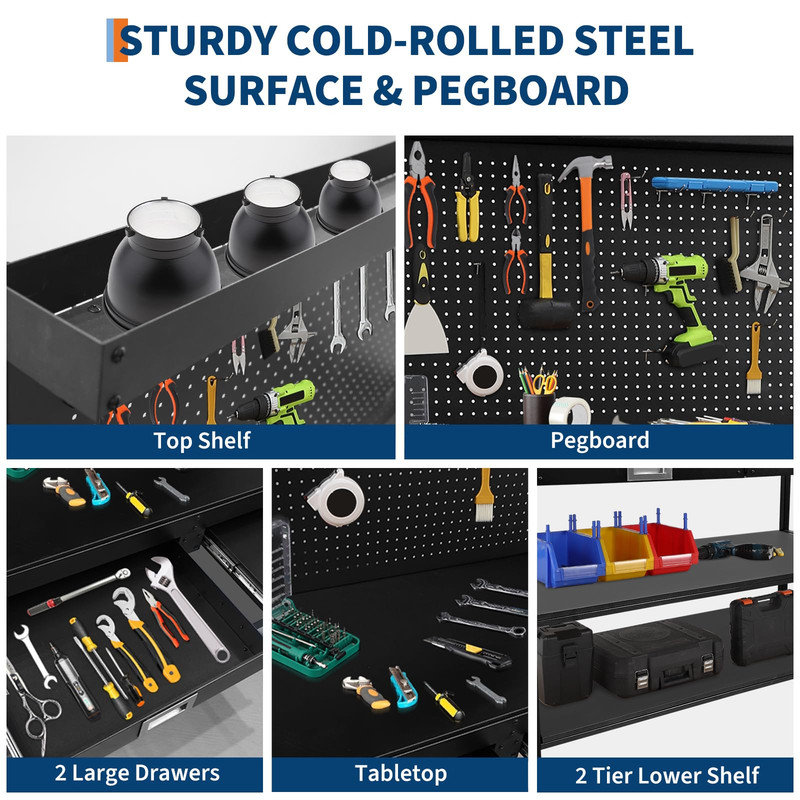Établi de garage roulant 48 po x 22 po avec panneau perforé, tablette en métal à 3 niveaux et 2 tiroirs - capacité de 220 lb