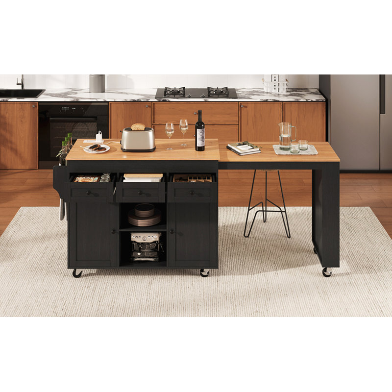 85.5" Kitchen Island with Extendable Dining Table, Black