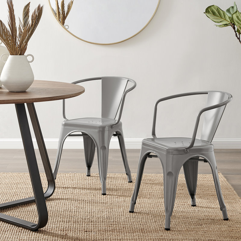 Honora Classic Industrial Metal Dining Chair with Arms - Style Bold Colour Stackable Side Chair, Grey