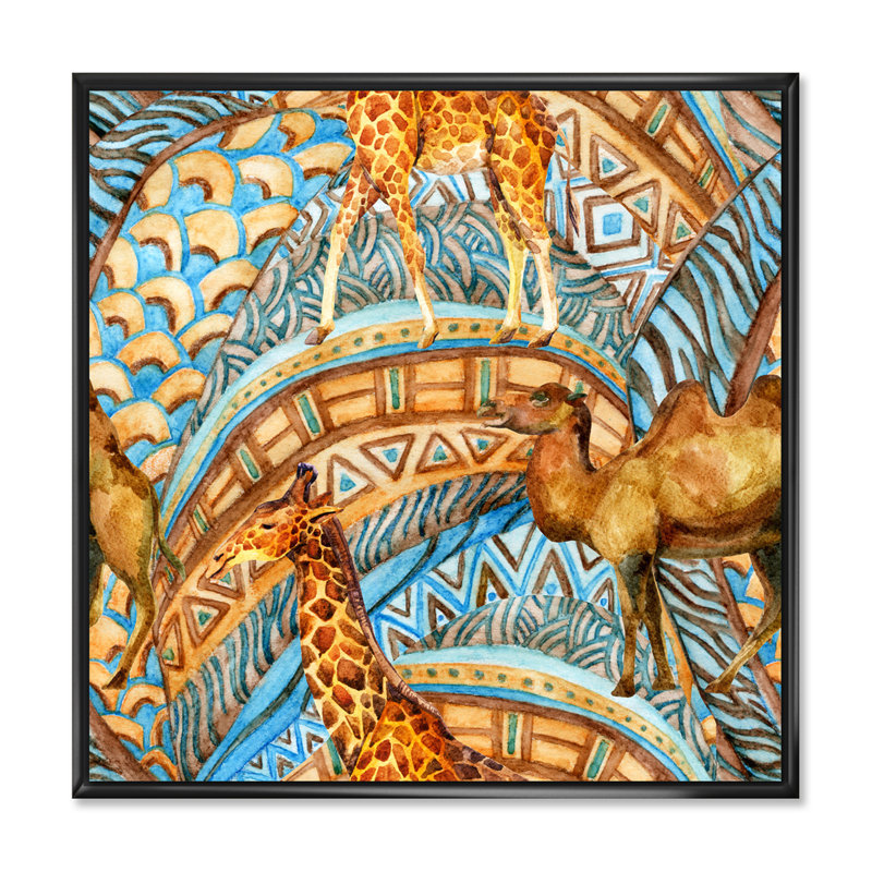 Girafe et caméléon sur une géométrie africaine - impression sur toile, H 16 po x l 16 po, Cadre flottant noir