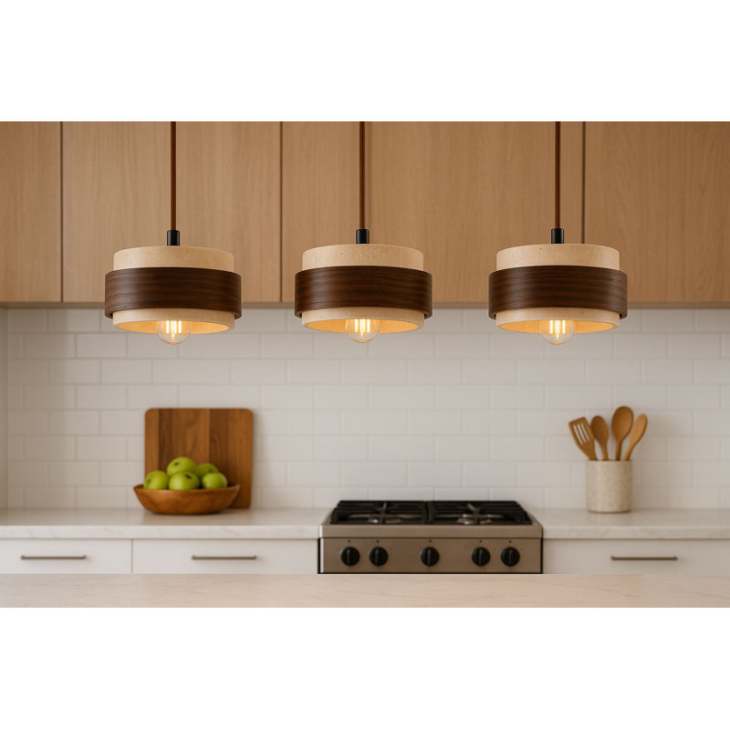 Lustre en bois élégant avec capuchon en travertin, hauteur réglable 6,3 po x 2,4 po x 1,6 po | Finition beige et noyer | 3 x douilles E27, 40 W maximum | Parfait pour la décoration de salon et de salle à manger, design élégant et fonctionnel