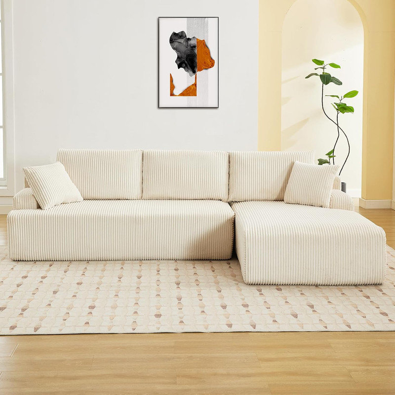 Canapé modulaire de 96 po avec méridienne en L et mousse à mémoire de forme pour salon, sans assemblage, Beige