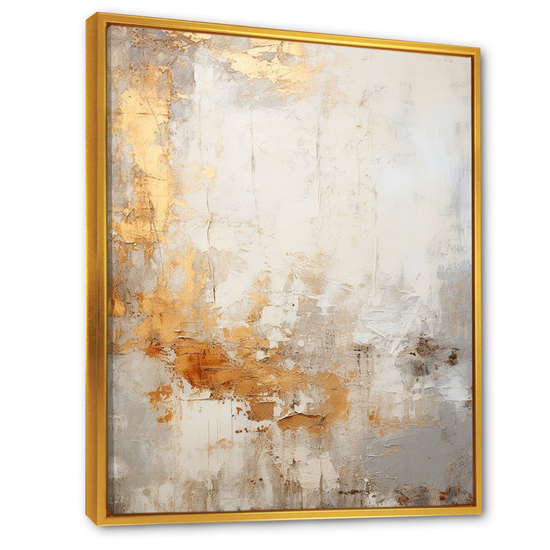 Fusion abstraite dorée et beige sur toile, H 40 po x l 30 po x P 1,5 po, Cadre flottant doré