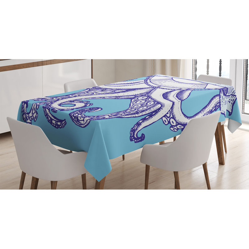 Octopus Tablecloth, Octopus And Life Buoy In Vintage Style With Lettering Sea Voyage Illustration, Rectangular Table Cover For Dining Room Kitchen Decor, 52" X 70", Purple Blue