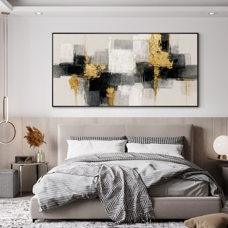 Très grand art mural imprimé sur tissu - Accents dorés abstraits noirs, décoration de salon contemporain - «Assemblage requis du cadre (cadre non fini)»