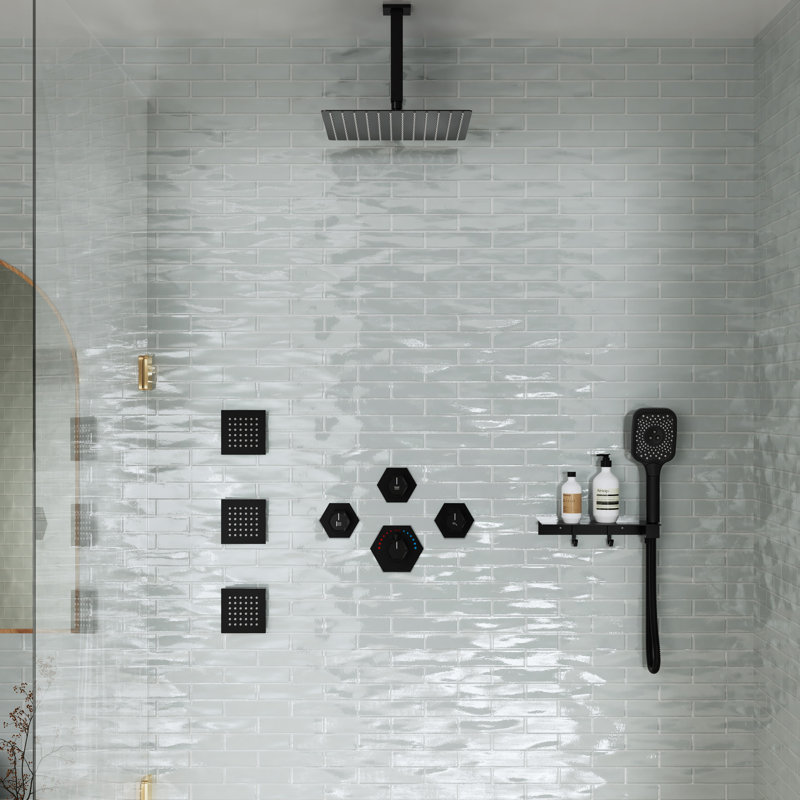Système de douche thermostatique 12 "avec 3 jets de corps et tablette de rangement, Noir mat
