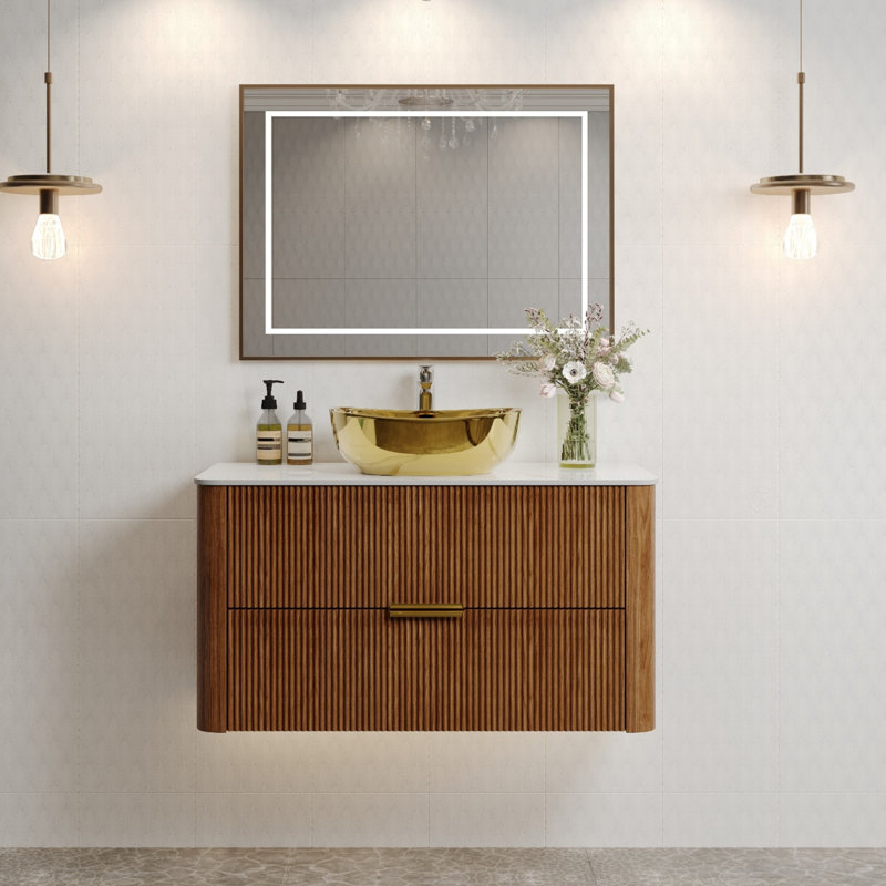Meuble-lavabo flottant 36 po avec lavabo en céramique doré et tiroirs, brun foncé 36 po
