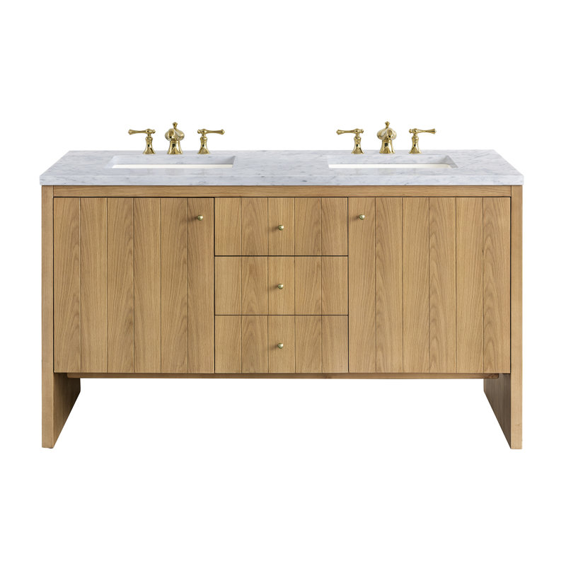 Hudson 60'' Double Bathroom Vanity with Top, Carrara White, 8" Widespread, Light Natural Oak