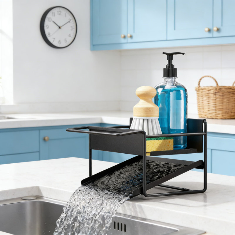Organisateur de chariot d'évier de cuisine en acier inoxydable avec barre à serviettes, éponge antirouille et porte-savon pour le comptoir ou le robinet, conception de drainage efficace