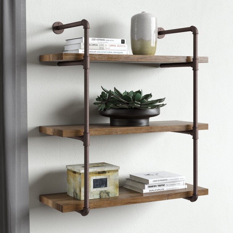 Sunnydaze 3 Shelf Industrial Style Pipe Frame Wall-mounted Floating Shelf  With Wood Veneer Shelves - Teak Veneer : Target