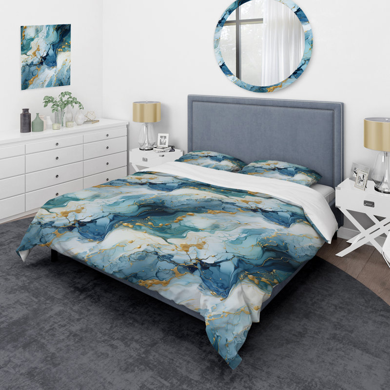 Blue White Oceanic Allure Marble Pattern I Marble Duvet Cover, Queen Duvet Cover + 2 Standard Shams