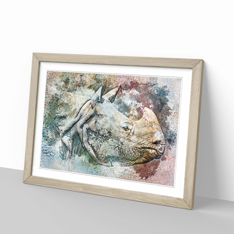 Wild Rhino in Abstract - Picture Frame Painting Print, 27cm H x 36cm W x 2cm D, Oak Framed