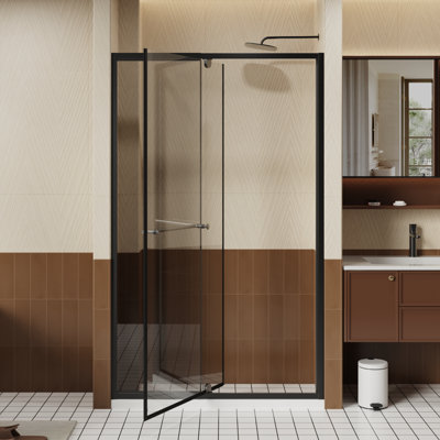 Porte de douche réversible pivotante l 44 à 48 po x H 72 po, verre trempé transparent de 1/4 po (6 mm), noir