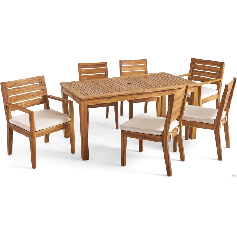 Ensemble de salle à manger d'extérieur en bois d'acacia extensible 6 places avec coussins, sablé naturel et beige